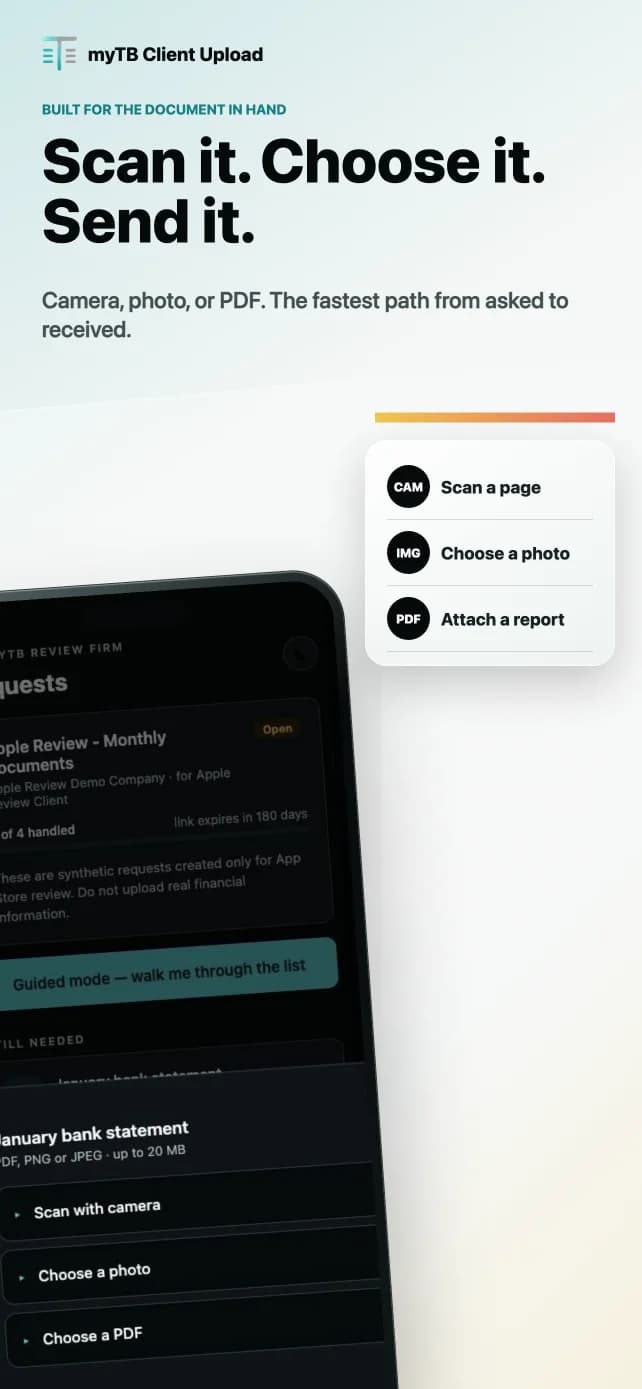 myTB Client Upload options for scanning, choosing a photo, or attaching a PDF